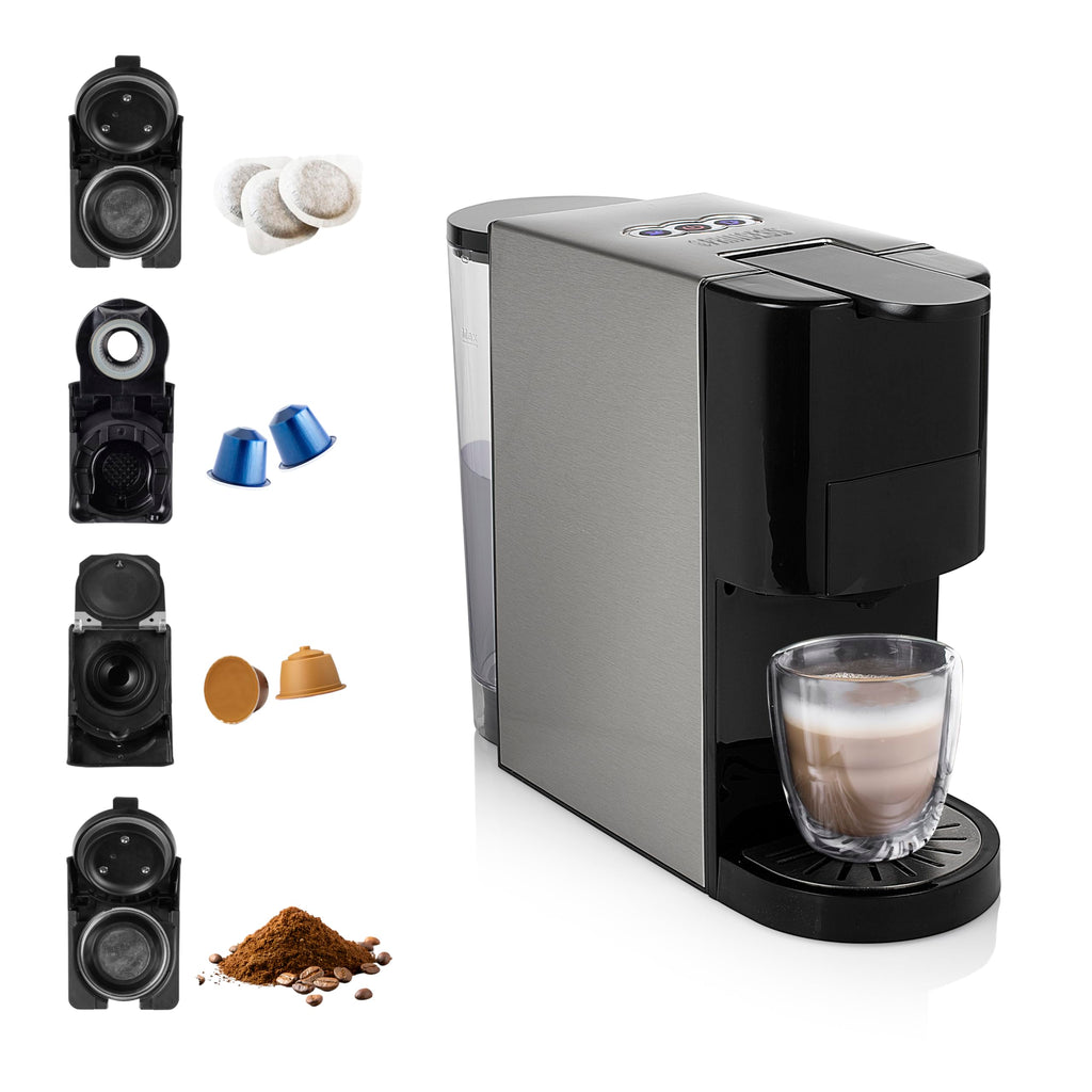 Machine à café multi-capsules 4 en 1 – Capsules, dosettes, café moulu – 800 ml – 1450 W – Noir et argent
